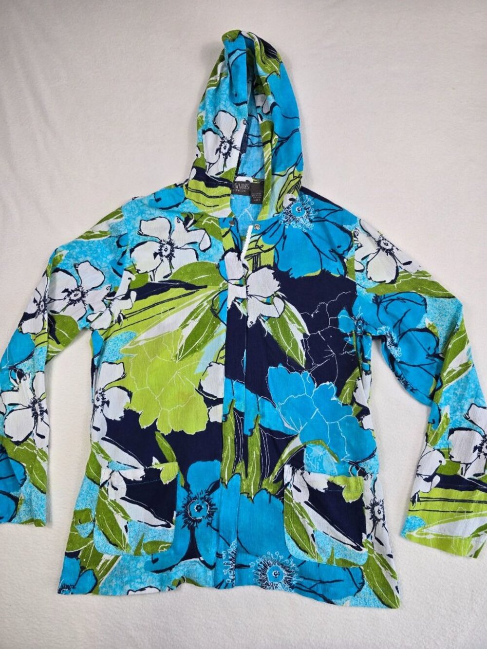 Chicos Floral Hooded Cotton Jacket Size 1 Medium Lightweight 100% Cotton